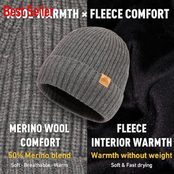 Merino Wool Fleece Lined Beanie Warm Cuffed Hat Unisex Winter Classic main image 8